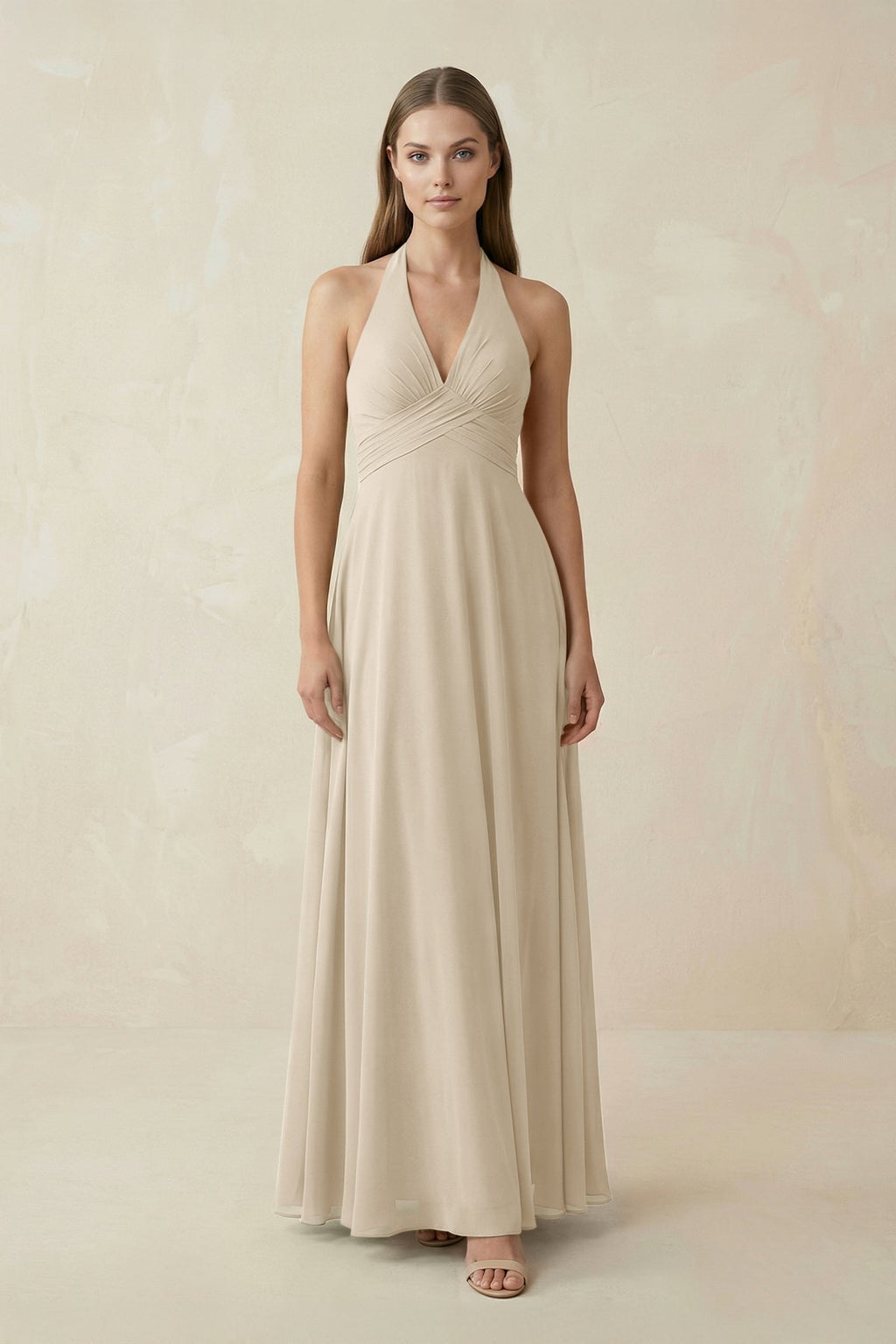 A-Line Pleated Chiffon V-Neck Bridesmaid Dress in Champagne